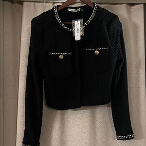 Alice + Olivia Black Cropped Tweed Jacket with Beaded Trim